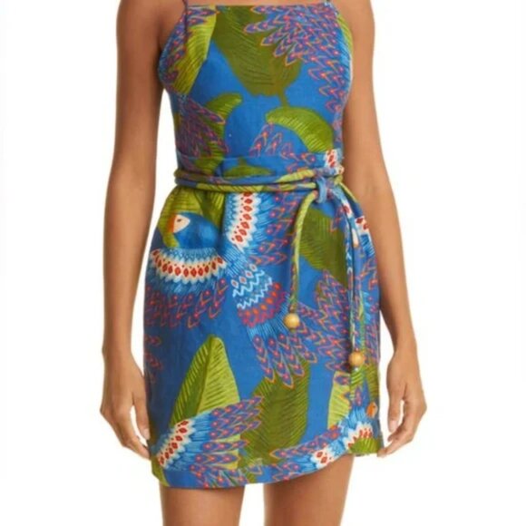 Farm Rio Blue Macaw Parrot Bird Square Neck Sleeveless Linen Mini Dress Sz M - Picture 7 of 8